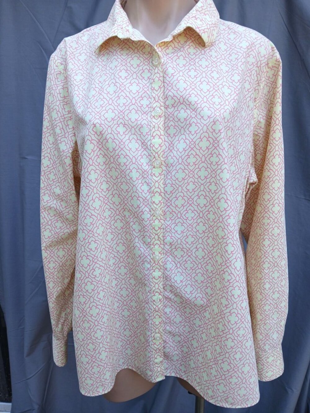 Lands End Womens Yellow Pink Button Front Top Shirt Size 18 No Iron Supima Cotto